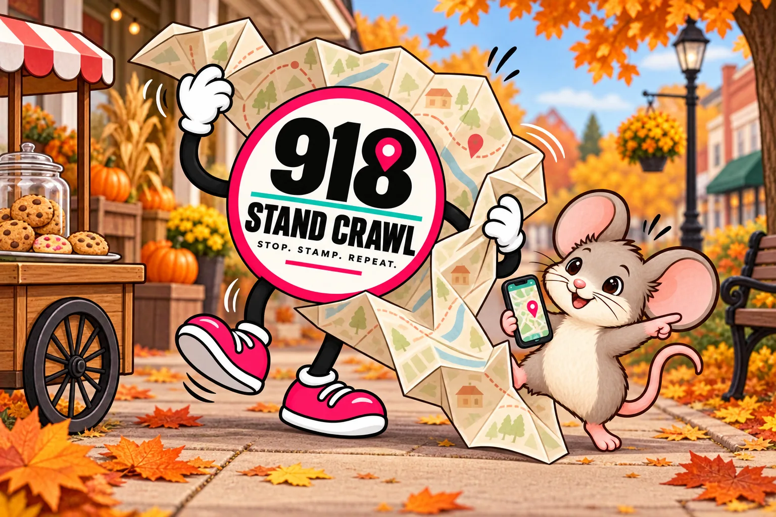 The 918 Stand Crawl mascot juggling a paper map while the Cartily mouse points to the crawl on a phone