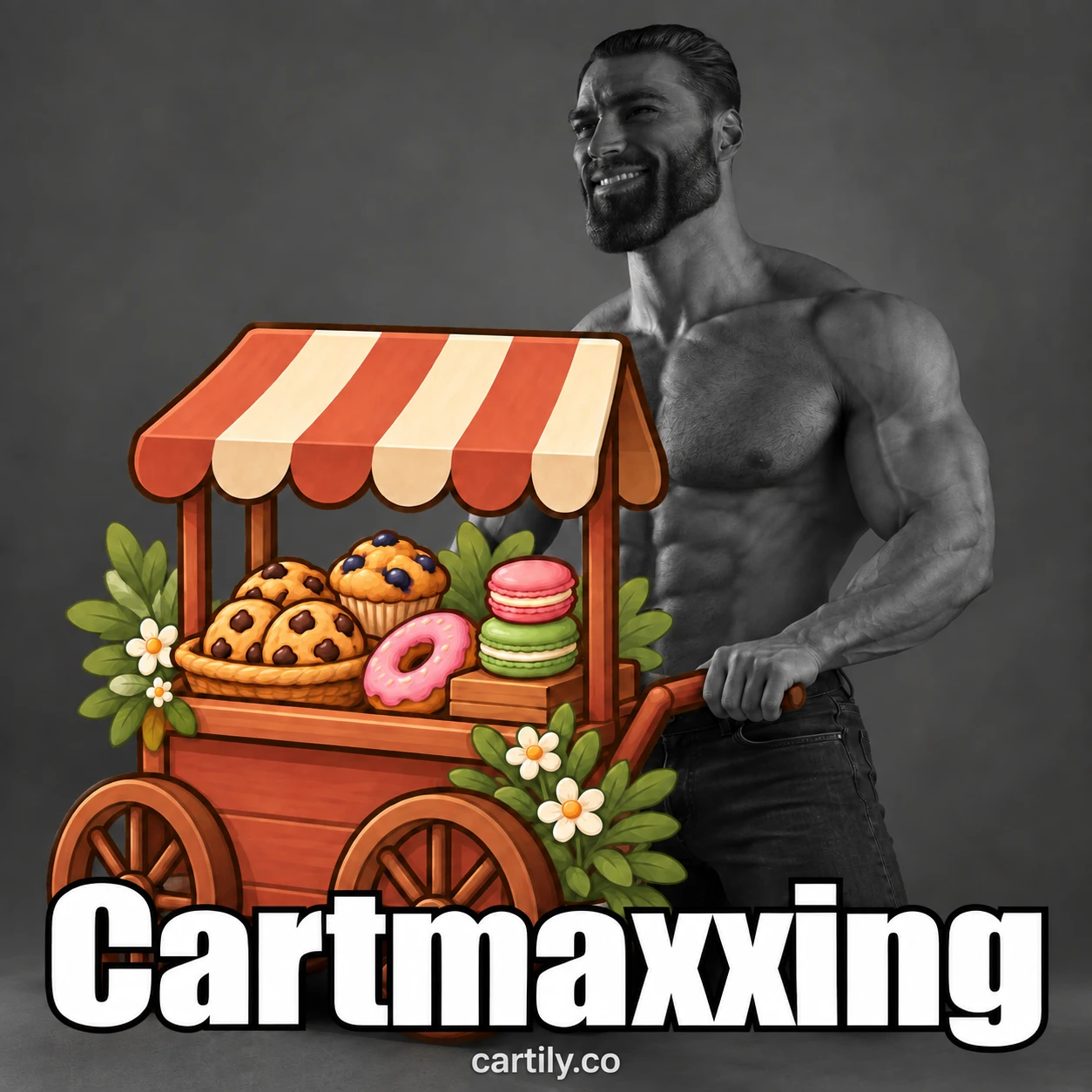 A smiling grayscale meme character holding a colorful Cartily baked-goods cart, captioned Cartmaxxing with cartily.co below.