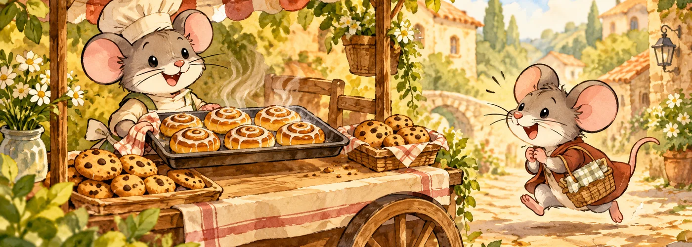 An illustrated shopper mouse hurries toward fresh cinnamon rolls and cookies at a bakery cart.
