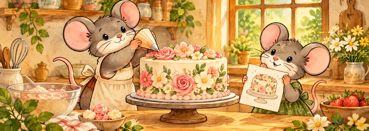 An illustrated baker mouse pipes flowers onto a custom cake while a shopper mouse holds the design sketch.