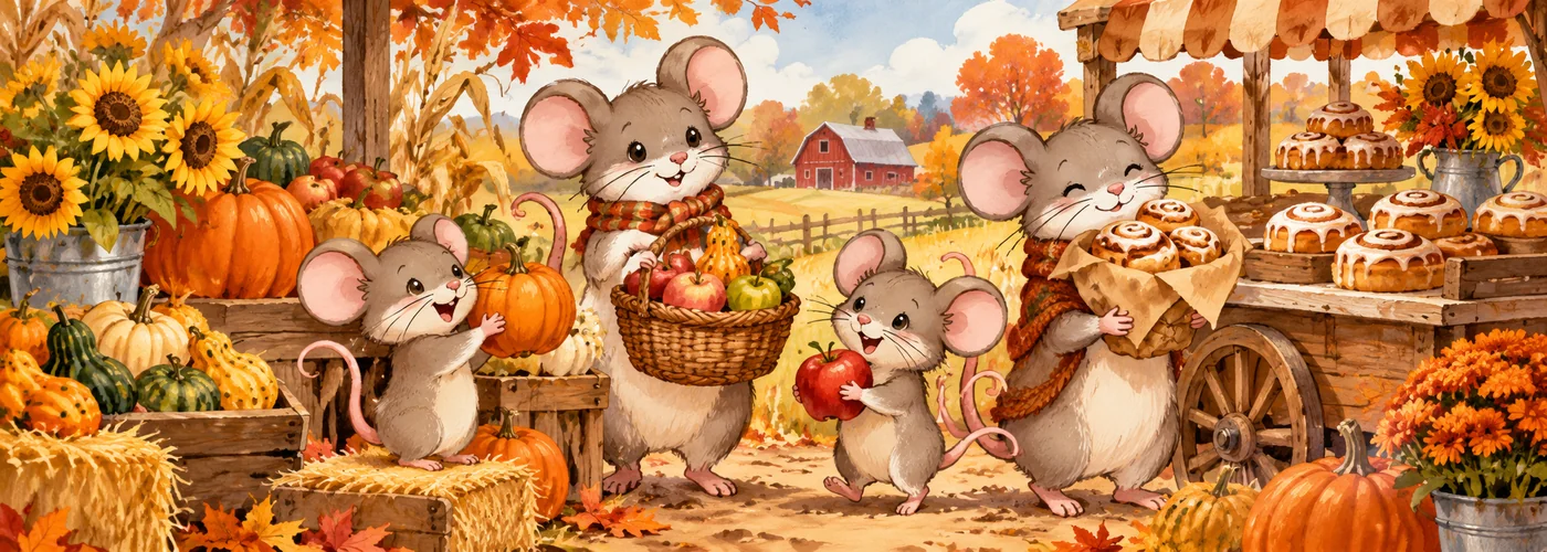 An illustrated mouse family shops pumpkins, apples and cinnamon rolls at a fall farm stand.