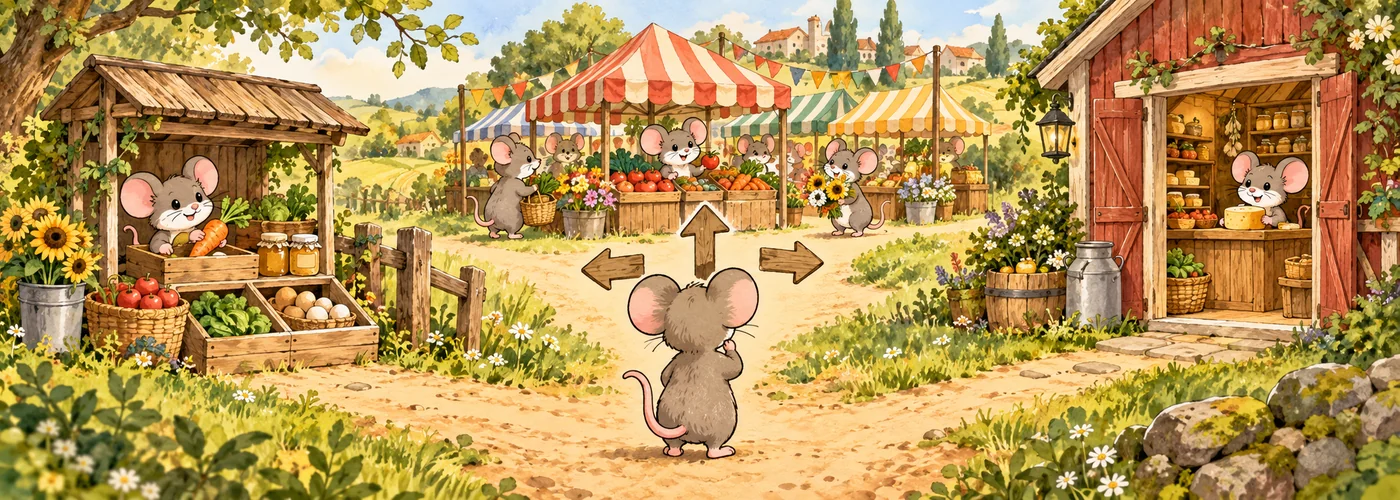 An illustrated mouse chooses among a roadside farm stand, farmers market and on-farm store.