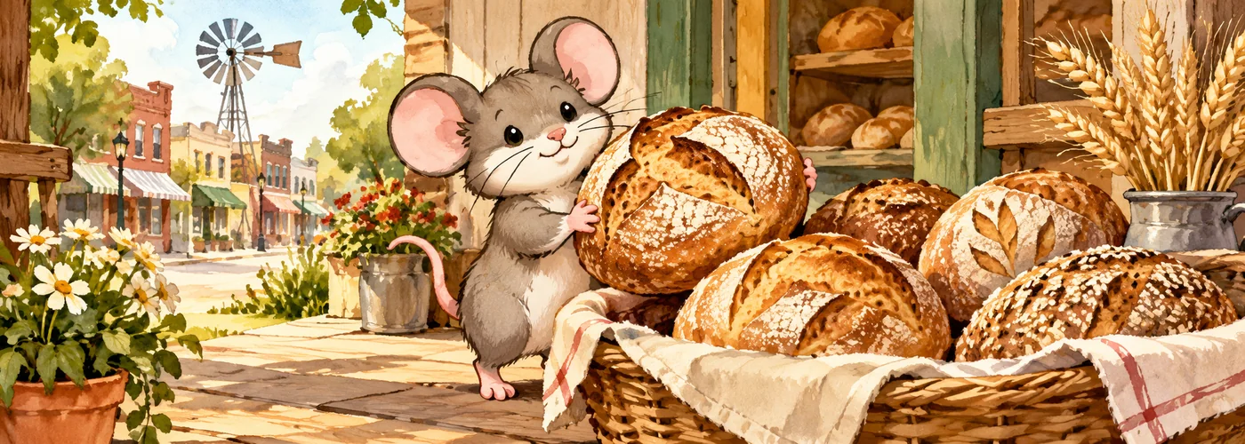 An illustrated mouse chooses a crusty sourdough loaf at a small-town bakery porch.