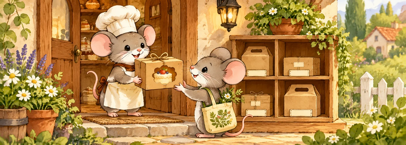 An illustrated baker mouse hands a boxed cake to a shopper mouse beside a porch pickup shelf.
