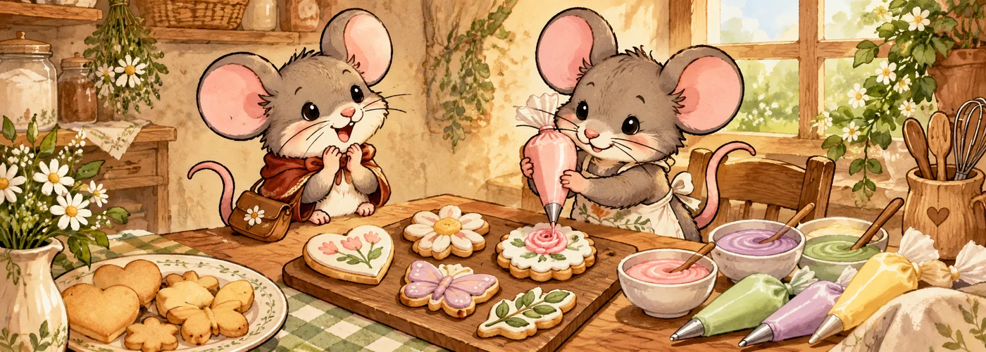 An illustrated baker mouse pipes floral icing on custom cookies while a shopper mouse watches.