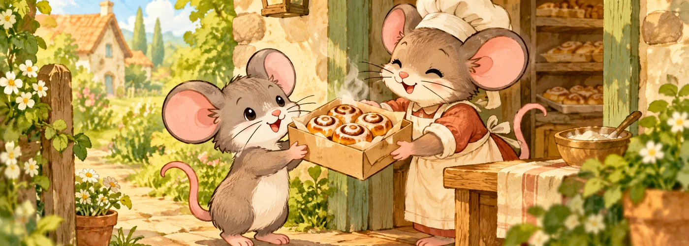 An illustrated baker mouse hands a box of cinnamon rolls to a shopper mouse on a sunny cottage porch.