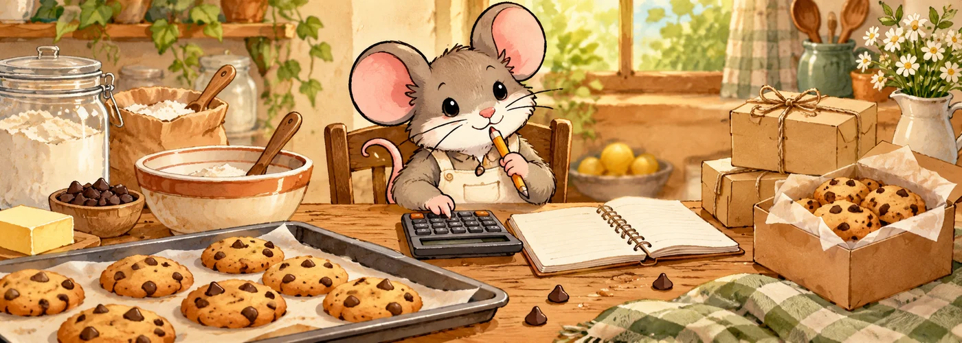 An illustrated baker mouse uses a calculator beside cookie ingredients, packaging and a blank ledger.