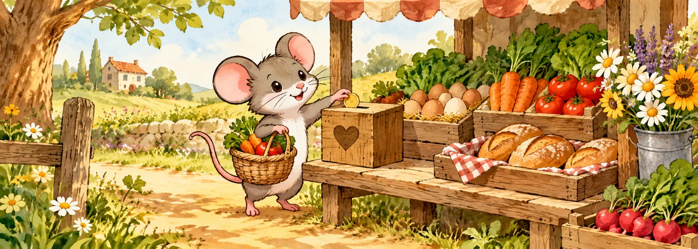 An illustrated mouse shops eggs, bread and produce at a self-serve farm stand and pays at a wooden box.