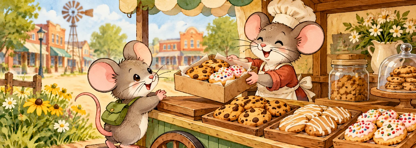 An illustrated baker mouse offers a box of assorted cookies to a shopper mouse at a small-town cart.
