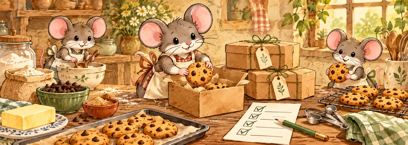 Illustrated baker mice prepare cookie boxes beside ingredients and a checklist.