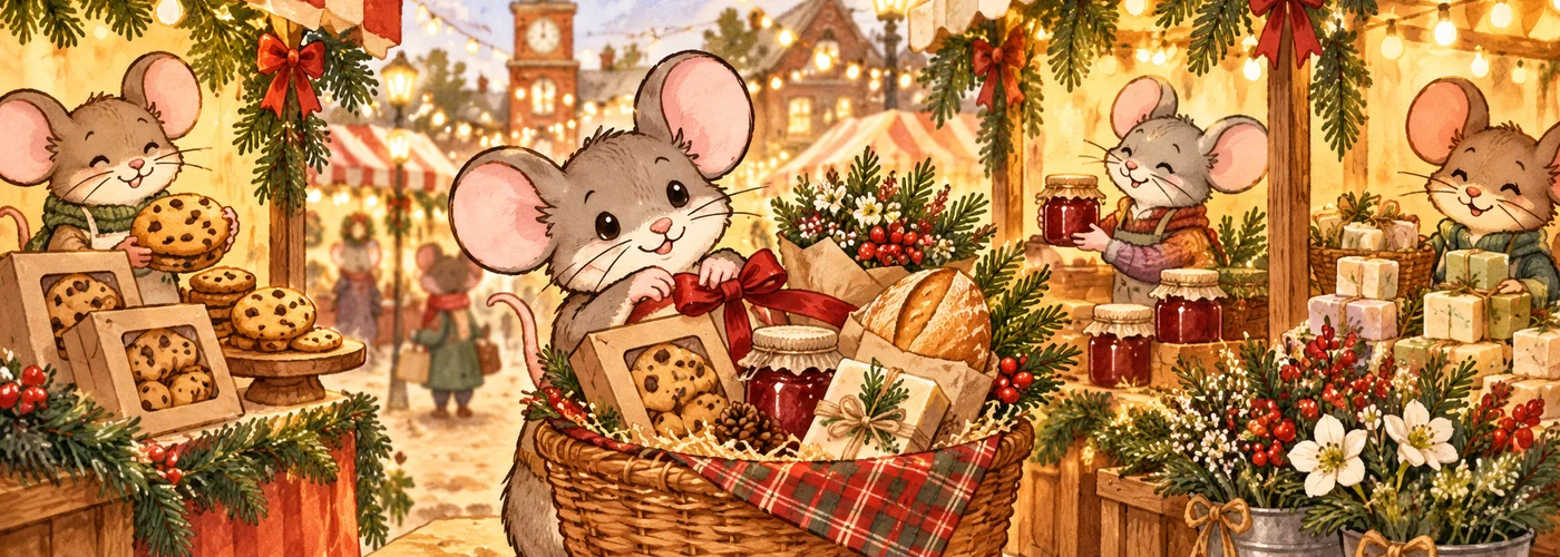 An illustrated mouse assembles a holiday gift basket of local cookies, jam, bread and flowers at a market.