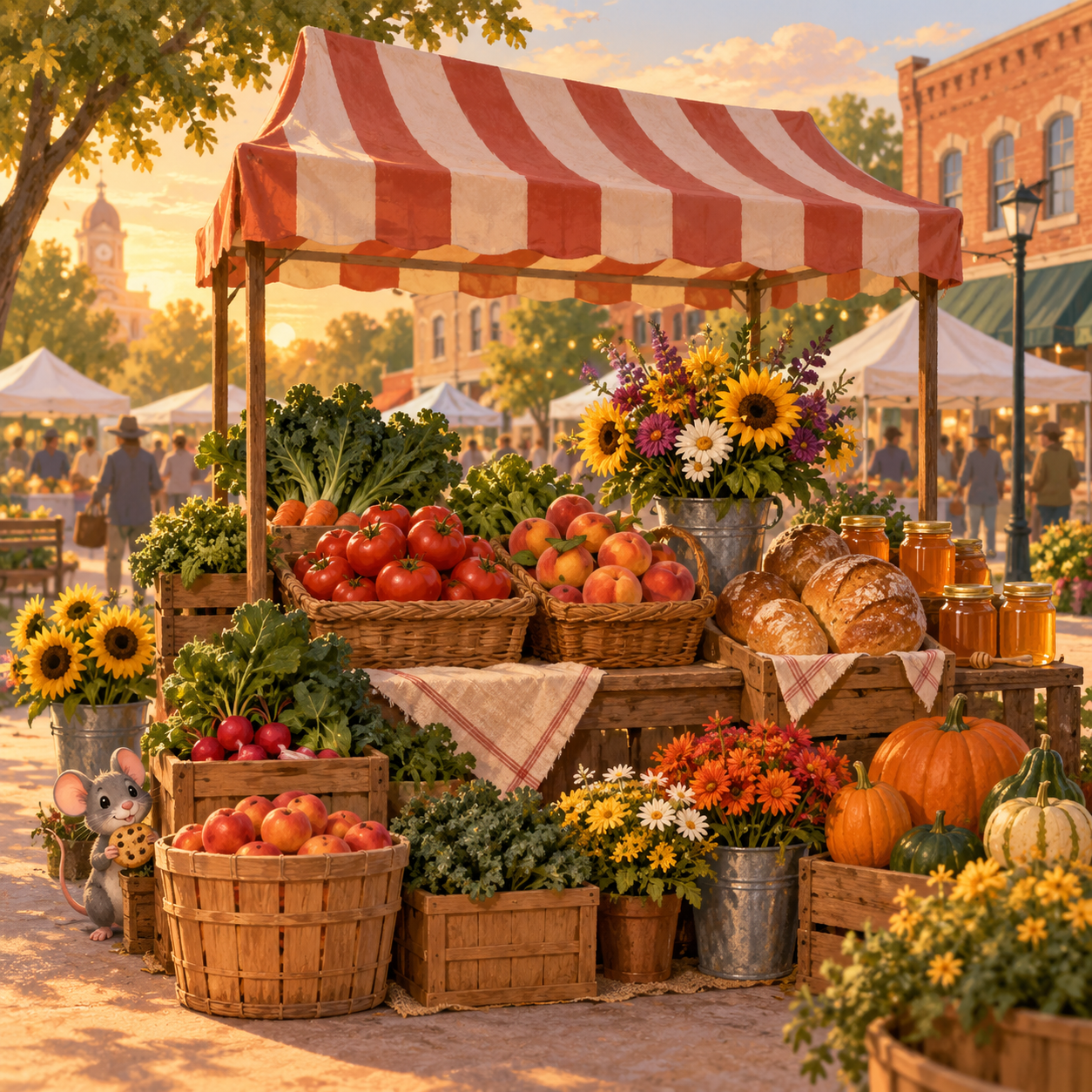 Illustration of a small-town market stall with produce, bread, honey, flowers and a Cartily mouse holding a cookie.