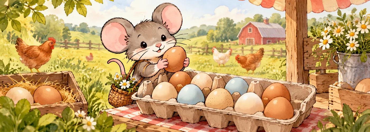 An illustrated mouse inspects farm-fresh eggs at a stand while hens roam in the background.