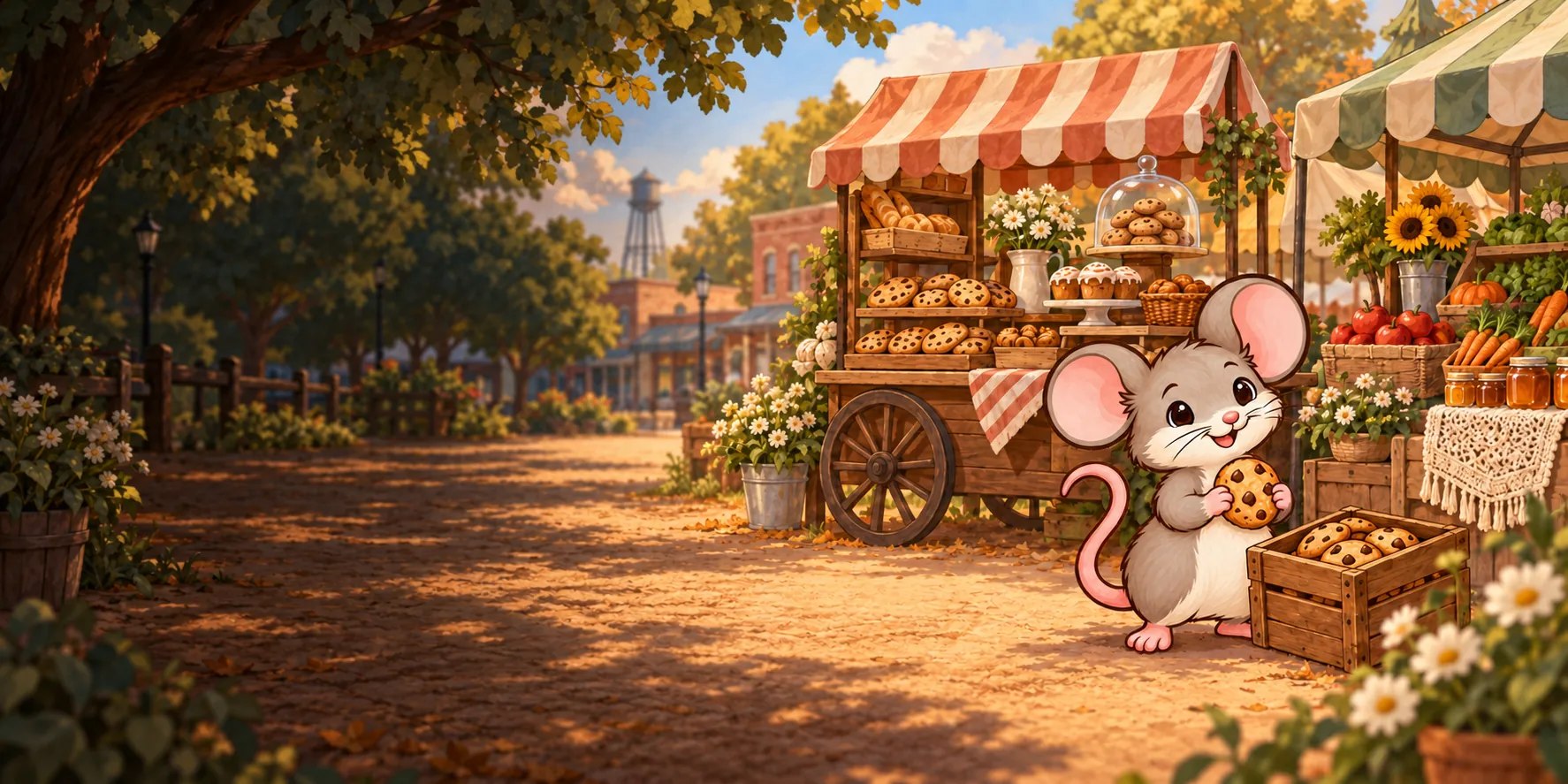 The Cartily mouse with a cookie beside a bakery cart and farm stand at a sunny local market